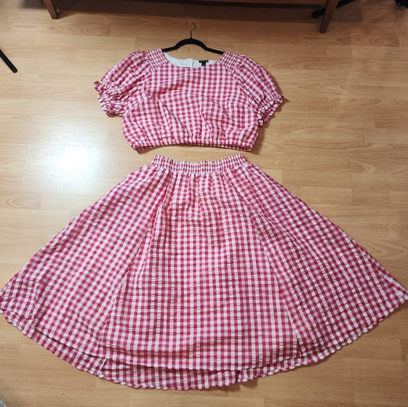 torrid Dresses & Skirts - Torrid Midi Seersucker Smocked Skirt Set Pink White Gingham Plaid Size 1X